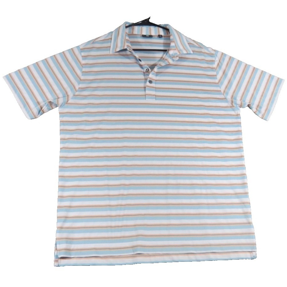 FootJoy FJ Golf Polo Shirt Men Large L Blue Peach Striped Polyester Spandex Top